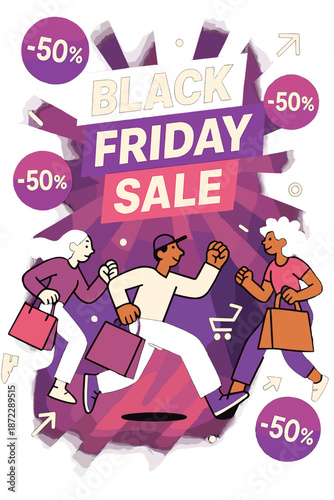 Dynamic Black Friday Sale. Black Friday Sale Banners. Flashing -50% bubbles drift around bold