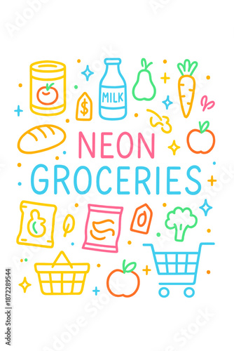 Neon Groceries Doodle. Neon Groceries. Hand-drawn doodle illustration of Neon Groceries. neon canned