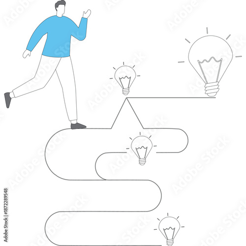Flat vector style illustration of businessman climbing rope made of glowing lightbulbs toward big solution peak representing expert-driven progress and inspirational success stock illustration