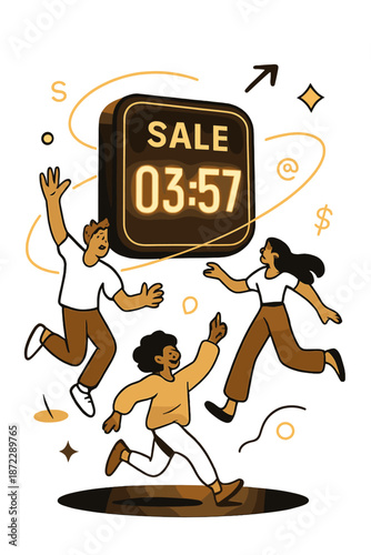 3D Countdown Clock. 3D Sale Countdown. A glowing 3D digital clock floats above a reflective surface;