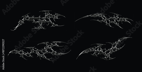 Set 3d chrome metal effect neo tribal y2k gothic style tattoo. Cyber sigilism abstract design. Black flame ornaments with sharp edges and metalcore aesthetic. Vector decorative elements