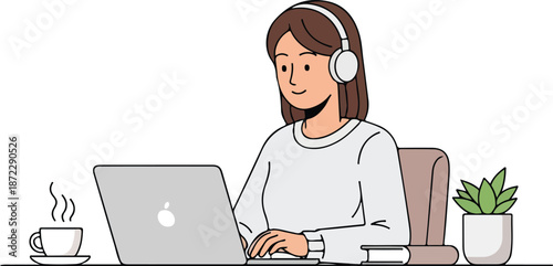 Female customer support agent working on laptop with headphones