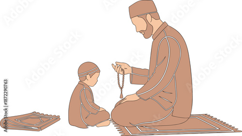 Adult and child praying, Islamic devotion, religious bonding, prayer beads, traditional attire, seated posture, prayer mat, cad drawing flat vector illustration
