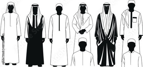 Arab men silhouettes, Middle Eastern attire, traditional clothing, cultural fashion, keffiyeh and thawb, robe and turban, cad drawing flat vector illustration