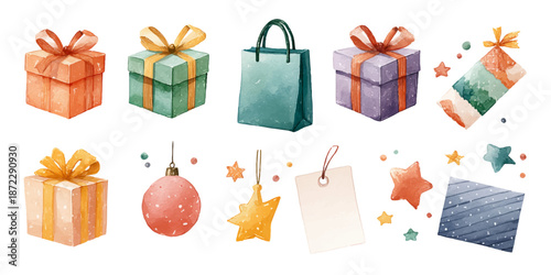 Colorful watercolor holiday gift boxes and decorations