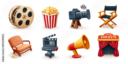 Cinema icons set: film reel, popcorn, camera, director chair, theater seat, clapperboard, megaphone, cinema entrance