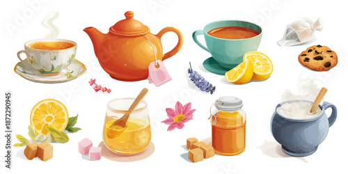 Assorted tea cups, teapot, honey, lemon, cookies, and tea bags on white background