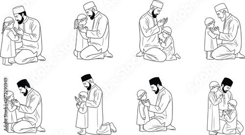 Father and child praying, Islamic devotion, religious instruction, traditional attire, seated posture, prayer mat, spiritual bond, cad drawing flat vector illustration