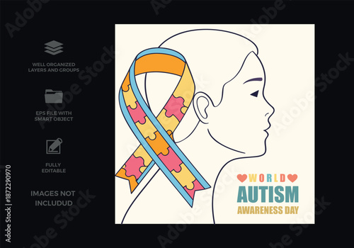 World autism awareness day vector illustration featuring a person's profile and a colorful puzzle ribbon