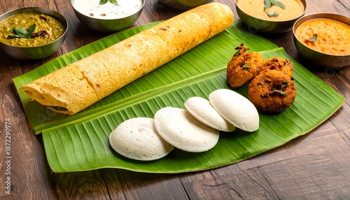 South Indian Breakfast - Dosa, Idli, Vada, and Sambar on Banana Leaf.
