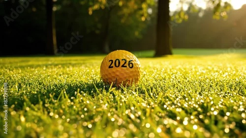A vibrant, close-up shot of a yellow dimpled ball resting on dewy, sun-kissed green grass. The number 