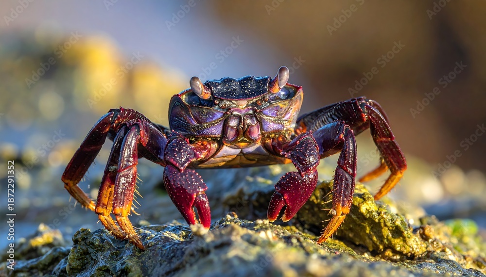 Fototapeta premium Close-up Macro Shot of a Red Crab on a Rocky Shore.