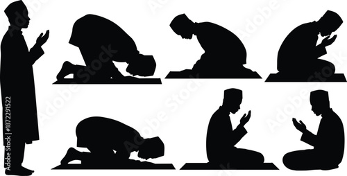 Islamic prayer positions, Muslim worship silhouette, Salah movement stages, prostration and bowing, traditional attire, prayer mat, religious ritual, cad drawing flat vector illustration