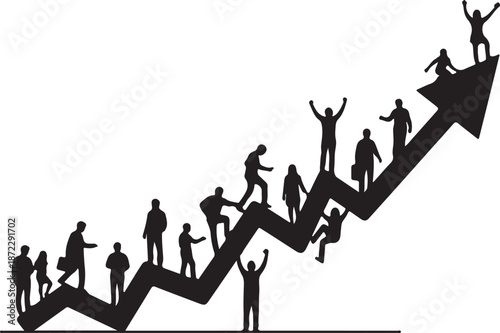 Business team climbing the arrow of success and growth silhouette