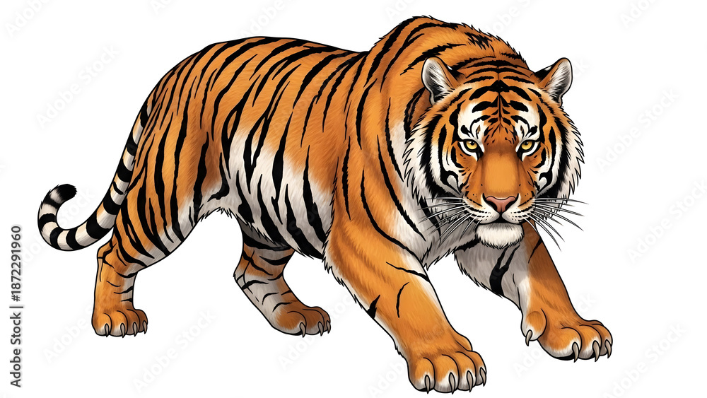 Obraz premium Highly detailed tiger tattoo design with realistic stripes and shading, isolated on white background.