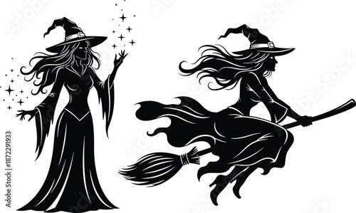 Witch silhouette magic illustration, flying broom female sorceress, fantasy halloween character, black mystical woman vector icons, spooky enchantment artwork
