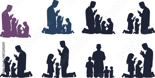 Man and children praying, Islamic devotion, kneeling posture, spiritual bond, religious values, silhouette art, family worship, cad drawing flat vector illustration