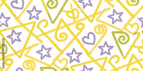 Colorful doodle pattern featuring stars hearts swirls and zigzag lines