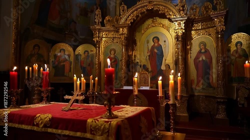 Interior of an Orthodox church with burning candles on an altar. Golden iconostasis with religious icons in a sacred space. Faith and spirituality concept