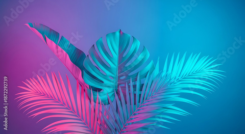 Tropical leaves in vibrant neon colors, showcasing a modern and artistic aesthetic with a blend of natural elements and futuristic lighting, creating a captivating visual experience