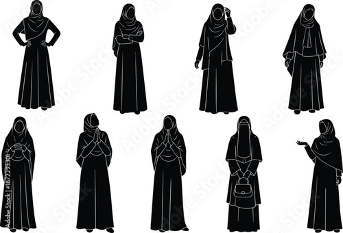 Muslim women silhouettes, traditional dress, headscarf poses, modest fashion, cultural clothing, black vector art, gesture diversity, cad drawing flat vector illustration