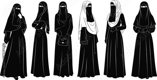 Niqab women silhouettes, Islamic modest fashion, traditional attire, cultural clothing, black abaya styles, religious identity, cad drawing flat vector illustration