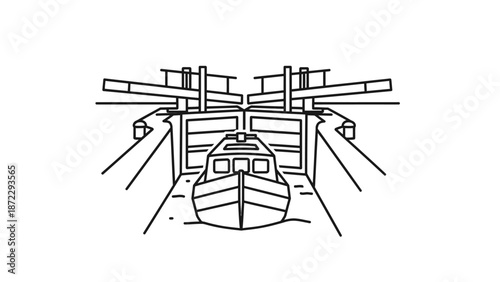 Boat passing through a canal lock gate illustration.