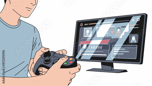 Young Man Playing Video Games with Controller and Monitor.