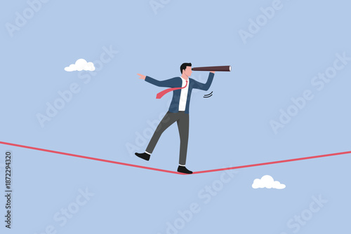 Searching for opportunity, risk management or investment vision in recession, businessman see through telescope, profit in uncertainty situation, seeking alpha concept while walking on risky rope.