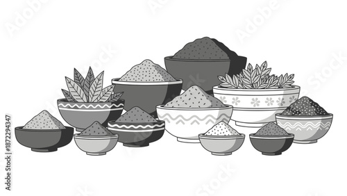 Assorted spices and herbs in ceramic bowls vector illustration, grayscale kitchen ingredients concept.