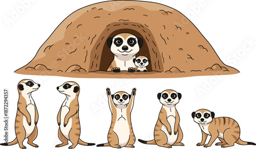Meerkat family character set with burrow home standing sitting poses cute cartoon desert animal vector illustration