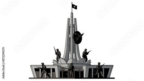 Vietnam Victory Monument vector illustration with soldier silhouettes, symbol of patriotism, national struggle, and heroic history.