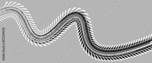 Black tire marks on road, Black rubber tire marks and tread marks, Tire trace track wheels texture and background, Auto tire tread grunge. vector