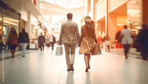 Couple Holding Hands Walking Through Shopping Mall with Shopping Bags.