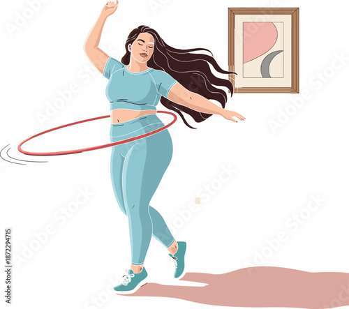 Plus size woman exercising with red hula hoop at home for fitness body positivity and healthy lifestyle vector illustration