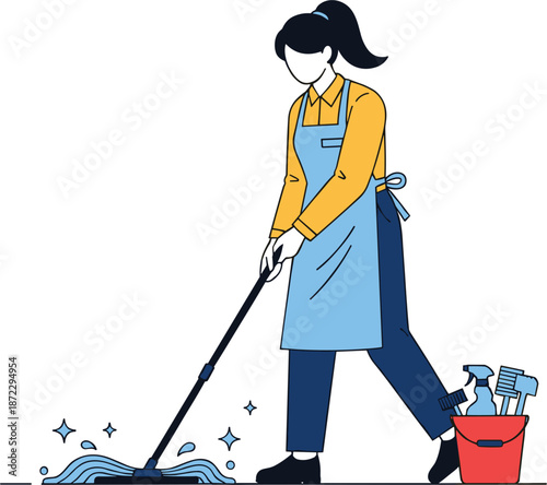 Professional female janitor cleaning floor with mop and water splashes vector illustration for commercial housekeeping and janitorial services