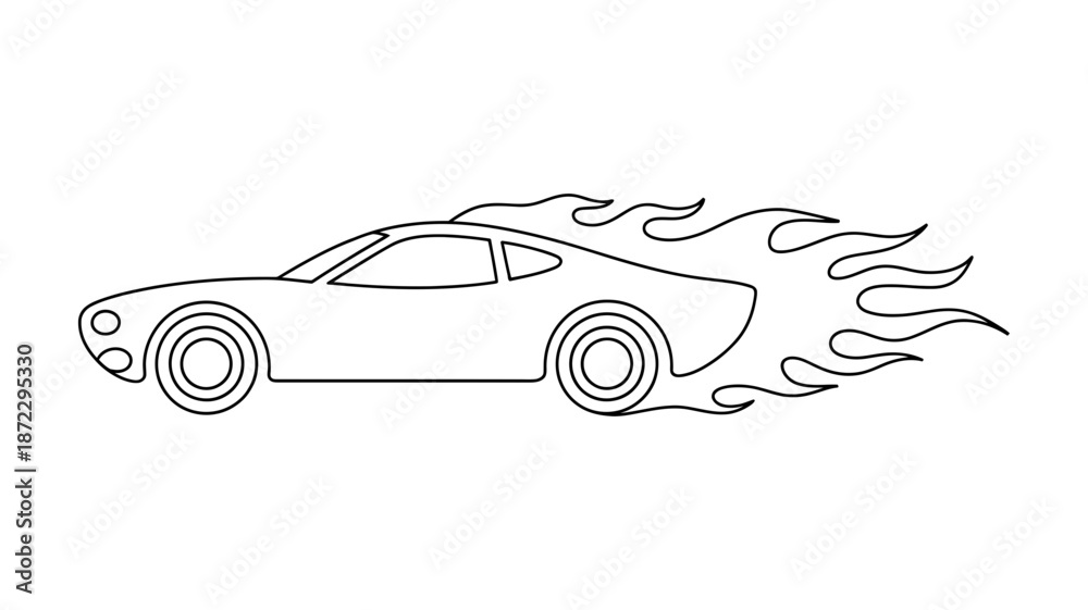 Naklejka premium Outline drawing of a fast sports car with flames showing dynamic motion and power