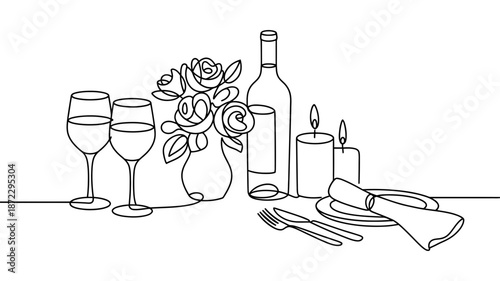 Elegant line art of a romantic dinner setup with wine, roses, and flickering candles