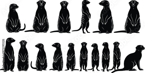Meerkat silhouette illustration set with multiple standing sitting poses black wildlife animal vector collection