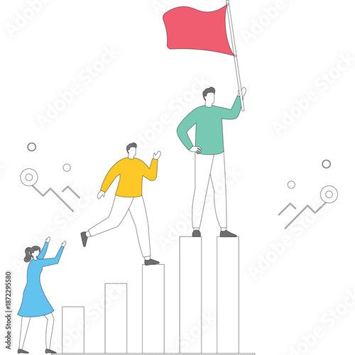 Flat vector style illustration of business leader planting flag on top of red progress bars while team climbs steps of startup achievement stock illustration