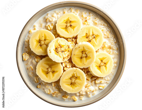 Banana Oatmeal in Bowl, Top View Flat Lay, isolated on transparent background