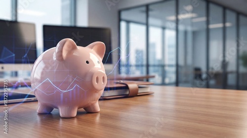Modern piggy bank representing savings, finance, investment, money management, financial planning, economic growth, wealth, financial success, economic development in a professional office setting