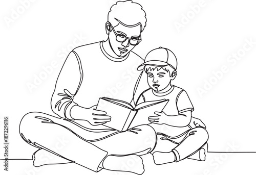 Father and Son Reading Together Vector Illustration