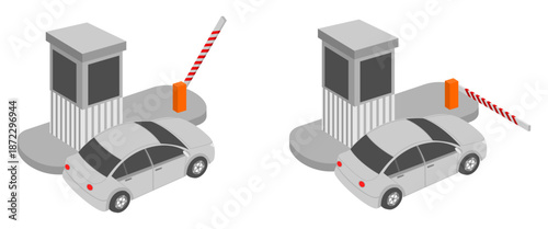car passing boom barrier open and close, vector illustration isolated on white background.