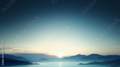 Serene Sunrise Over Misty Mountainous Waterscape