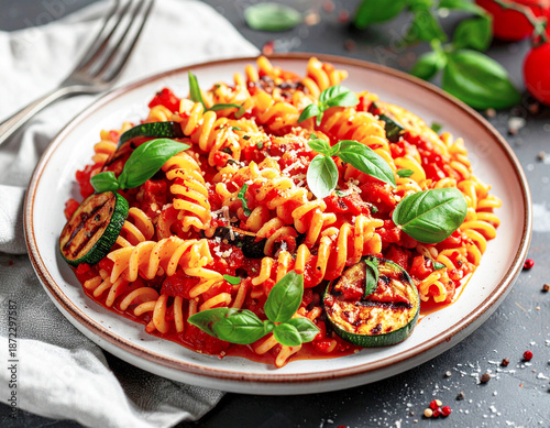 Fusilli pasta with tomato sauce and grilled zucchini, parm cheese sprinkled on top. AI