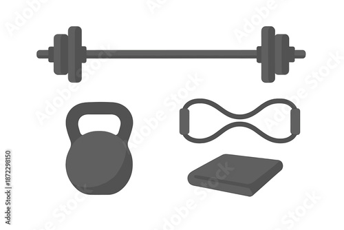 Different types of gym equipment including weights, kettlebell, resistance band, and exercise mat for workout routines
