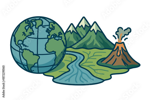 Different landforms and features are shown with a globe, river, mountains, and volcano in this nature illustration