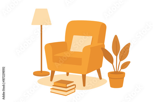 Cozy chair with lamp, books, and plant in a simple room setup during daytime
