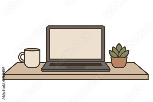 Workspace setup with a laptop, a mug of coffee, and a small plant on a wooden desk during daytime